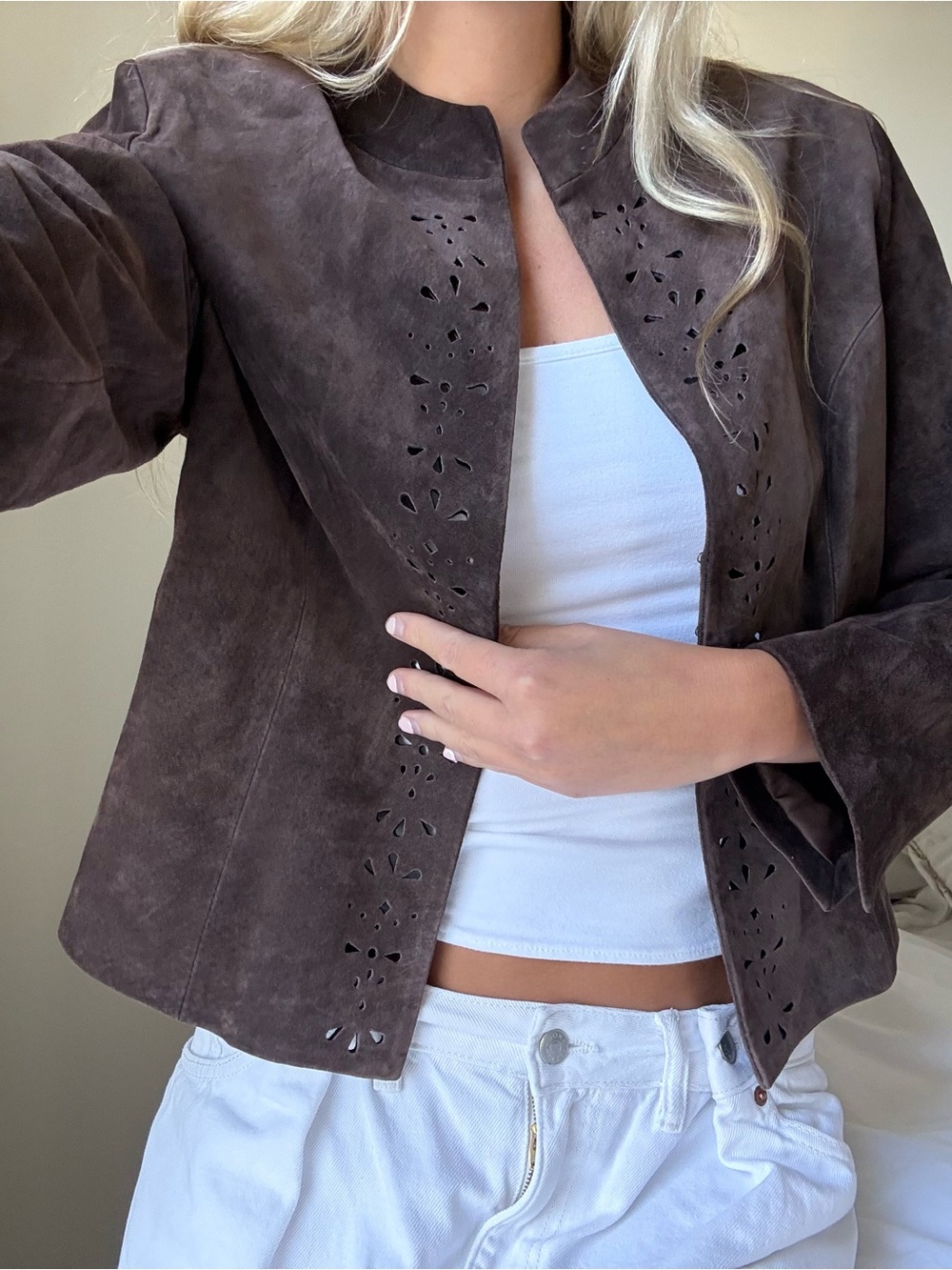 vintage Brown 100% genuine leather Suede Cutout Jacket